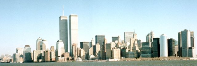 View of Manhattan and New York skyline showing the twin towers o