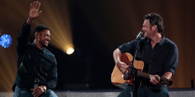 This image released by NBC Universal shows country singer Blake Shelton, right, and Usher during the Healing in the Heartland: Relief Benefit Concert at the Chesapeake Energy Arena in Oklahoma City, Okla., Wednesday, May 29,2013. Funds raised by the benefit will go to the United Way of Central Oklahoma, for recovery efforts for those affected by the May 20 tornado. (AP Photo/NBC, Brett Deering)